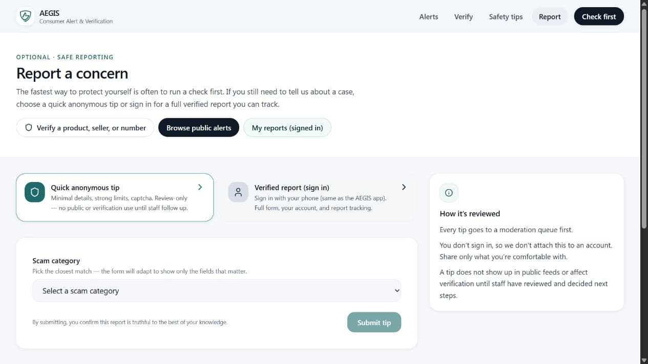 AEGIS reporting page with anonymous tip and signed-in report options