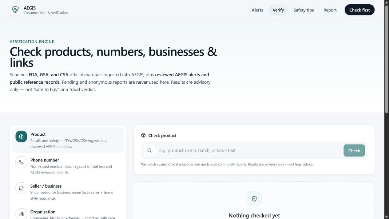 AEGIS web verification interface with six categories and a search field